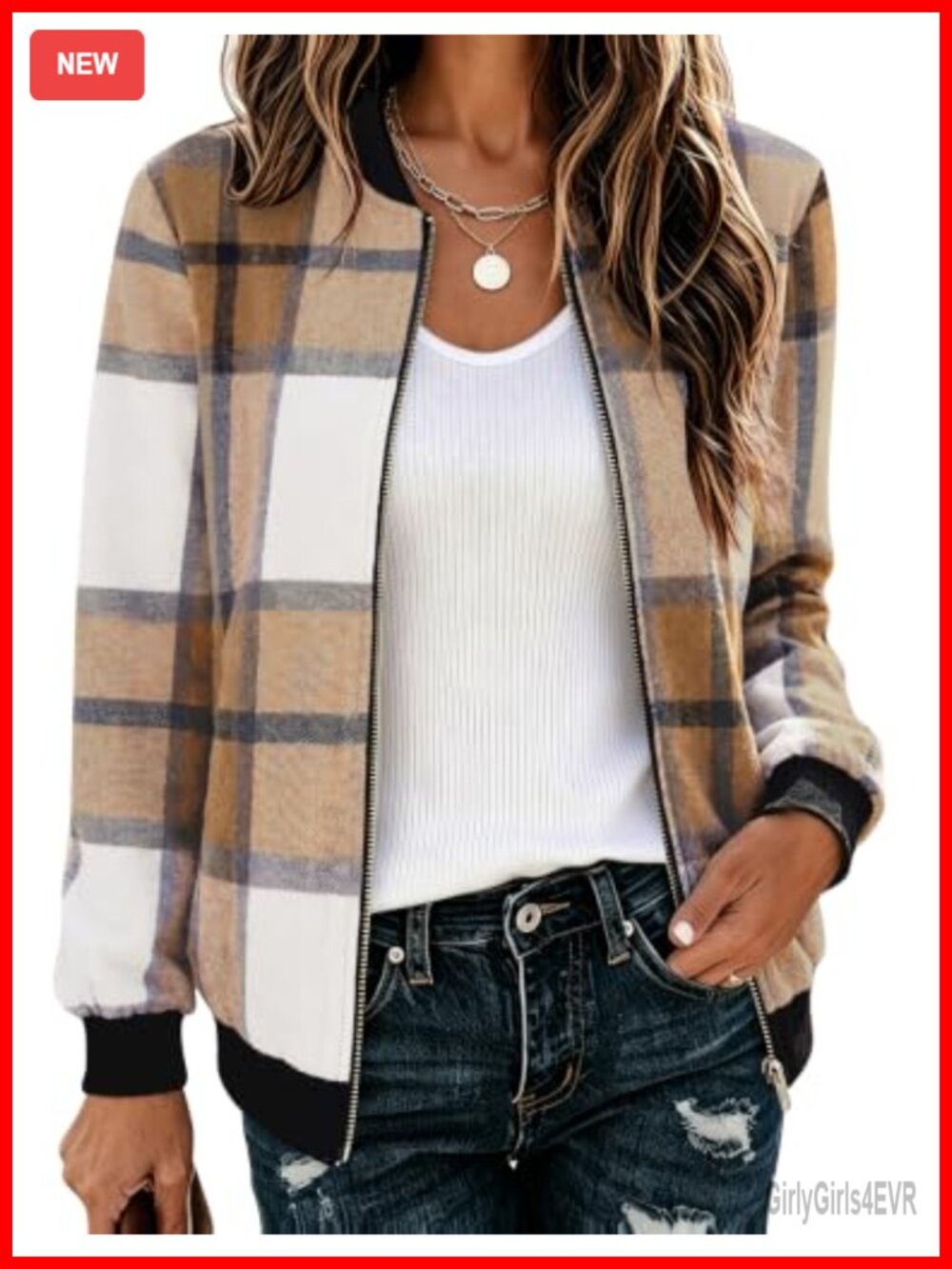 Lightweight Bomber Jacket Cotton-Wool Blend Plaid Flannel Coat Zip Up